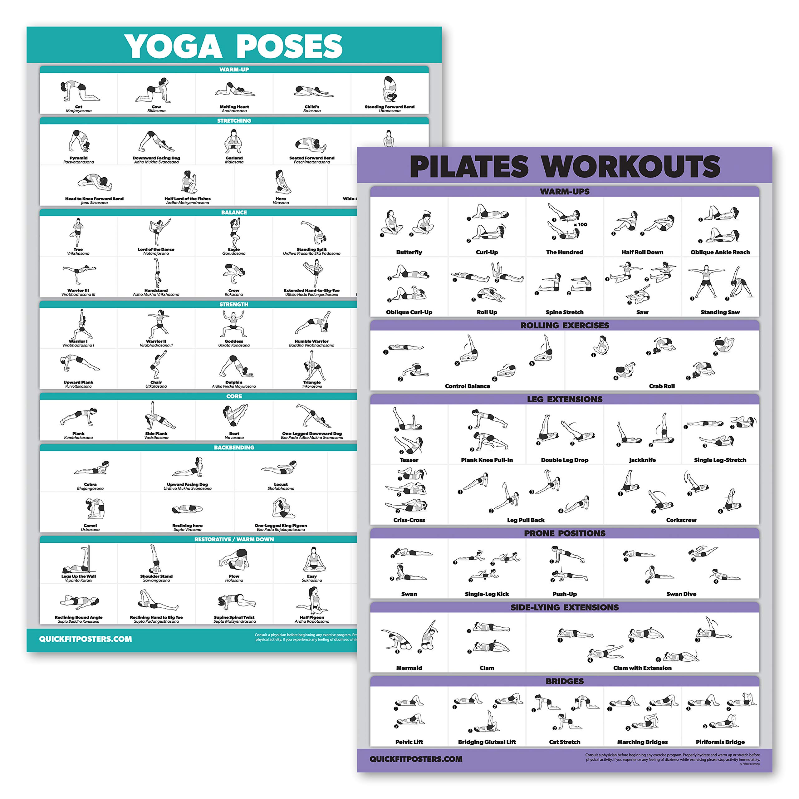 QuickFit Pack Yoga Poses Pilates Mat Work Exercise Poster Set Set Of Two LAMINATED X