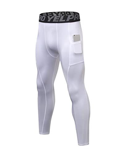 ABTIOYLLZ Men's Compression Pants Athletic Leggings Pockets/Non Pockets  Sports Active Baselayer Tights 1 Pack # White Medium