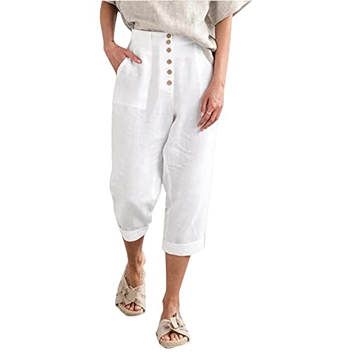 Mackneog Crop Wide Leg Women Casual Summer Capris Loose Long Wide Leg Cropped  Pants Loose Fitting Linen Cotton Relaxed Fit White Small