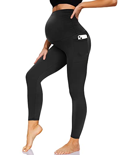 Enerful Women's Maternity Workout Leggings Over The Belly Pregnancy Active  Wear Athletic Yoga Pants with Pockets Navy Blue XX-Large