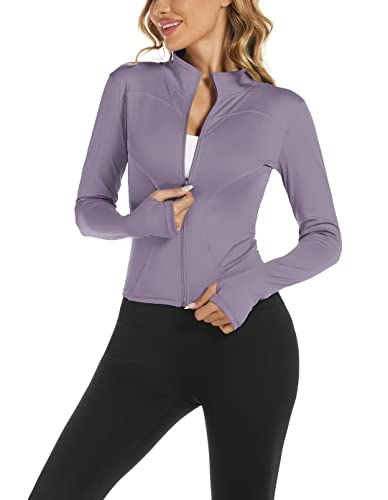 Aolpioon Womens Workout Jacket Yoga Running Slim Fit Stretchy Full Zip  Athletic Jackets Cropped Top with Thumb Holes Small Purple Plush