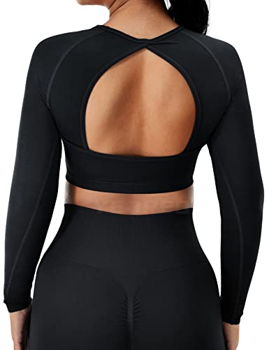 YEOREO Amplify Seamless Long Sleeve Crop Gym Shirts for Women Workout Yoga  Tops #01 Black(open