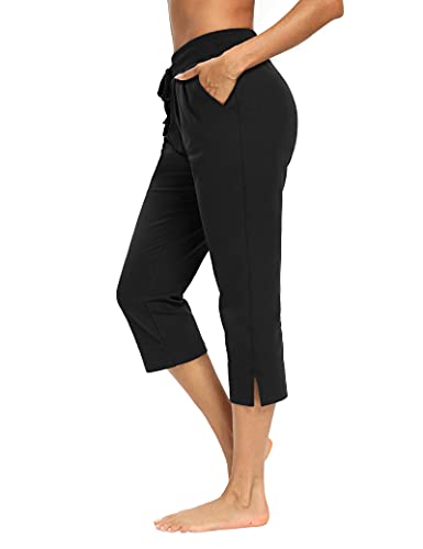  BALEAF Women's Capris Casual Summer Cotton Wide Leg Yoga Capri  Sweatpants Loose Lounge Workout Crop Pants Pockets Black Size XS :  Clothing, Shoes & Jewelry