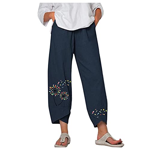 Women Casual Summer Capri Pants Linen Elastic Capris Crop Relaxed Fit  Cotton High Waist Wide Leg Capri Wide Leg