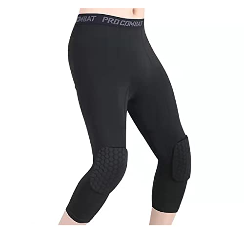 Basketball Pants with Knee Pads 3/4 Compression Leggings Capri Tights Black  Large