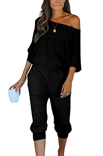 PRETTYGARDEN Women's 2 Piece Ribbed Tracksuit Outfits Off Shoulder Long  Sleeve Pullover Long Pants with Pockets