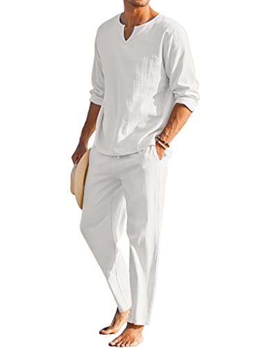 COOFANDY Men's 2 Pieces Cotton Linen Set Henley Shirt Long Sleeve and  Casual Beach Pants Summer