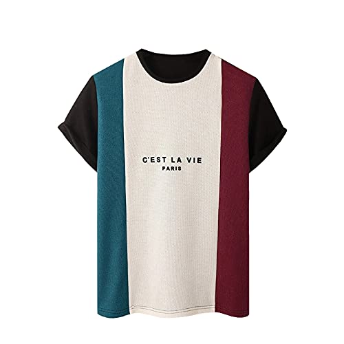 BEUU 2022 New Summer Mens T-Shirts Short Sleeve Crewneck T Shirt Color  Block Letter Print