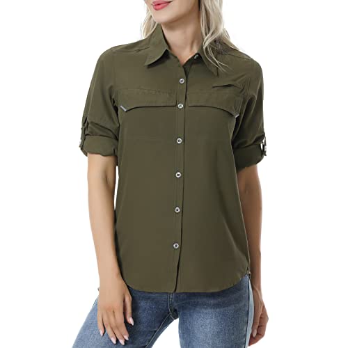 Women's UV Sun Protection Fishing Shirts Long Sleeve Hiking Safari Shirts  Army Green Small