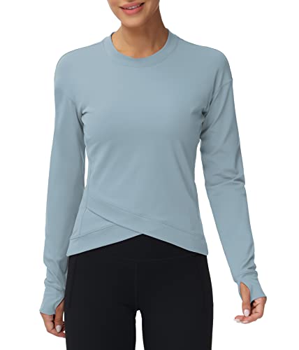 Women's Long Sleeve Compression Shirts Workout Tops Cross Hem Athletic  Running Yoga T-Shirts with Thumb Hole Denim Blue Large