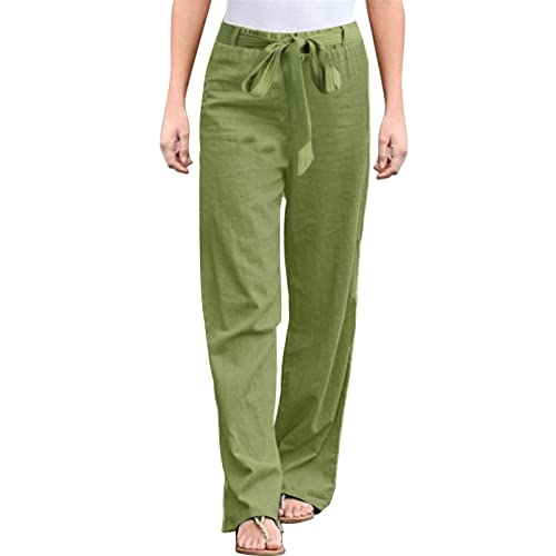 Gufesf Women's Cotton Linen Palazzo Pants Casual Wide Leg Long Trousers  with Pockets Beach Pants for Women High Waisted Green Medium