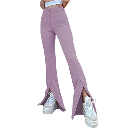 Viatabuna Womens High Waisted Flare Sweatpants Y2k Fashion Wide Leg Slit  Bell Bottoms Hiking Lounge Yoga Pants Light Purple Large