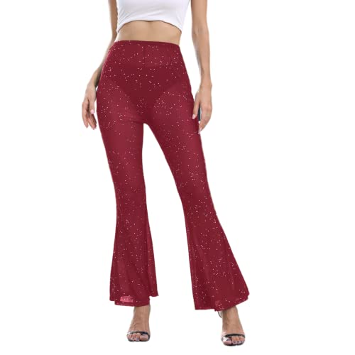 Women Rave Sheer Mesh Shiny Pants Flared High Waist Bell Bottom Pants for Party  Dance Festival Small Red