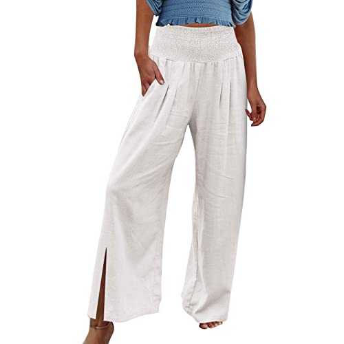 viyabling Beach Pants for Women Summer Womens Wide Leg Linen Palazzo Pants  Dressy Casual Elastic Waisted Loose Fit Trousers Medium A1-white