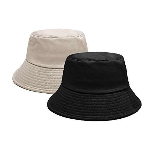 PFFY 2 Packs Bucket Hat for Women Men Cotton Summer Sun Beach Fishing Cap  Beige+black 2