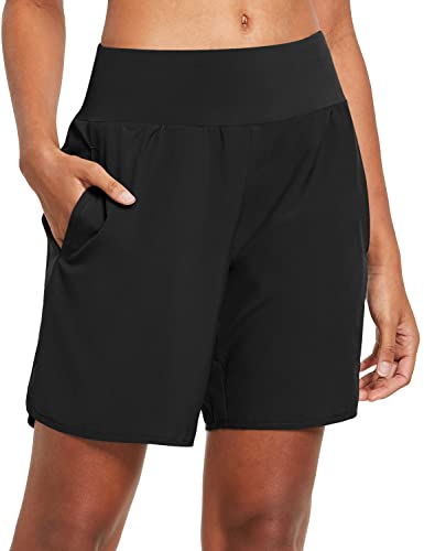 BALEAF Women's 7 Long Running Shorts with Liner Athletic Workout Shorts  Zipper Pocket Black Medium