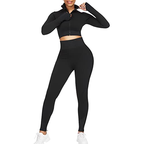 JOYMODE Workout Sets for Women 2 Piece - Seamless Textured High Waist  Leggings and Crop Top Gym Sets Large 2 Piece-black