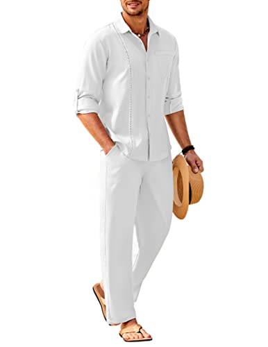 COOFANDY Men's 2 Piece Linen Sets Long Sleeve Button Down Shirt and Loose Pants  Set Beach Vacation Outfits