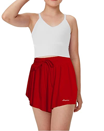 Girls Flowy Shorts,Youth/Toddler Kids Butterfly Shorts with Spandex Liner  2-in-1 for Running,Sports,Athletic,Fitness,Tennis,(Rose red)