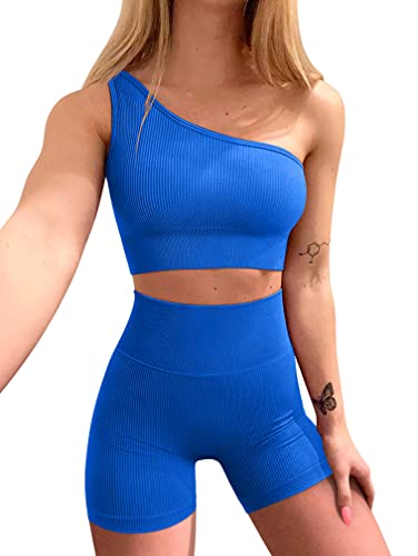 OQQ Workout Outfits for Women 2 Piece Ribbed One Shoulder High Waist Shorts  With Sports Bra Exercise Set Blue Medium