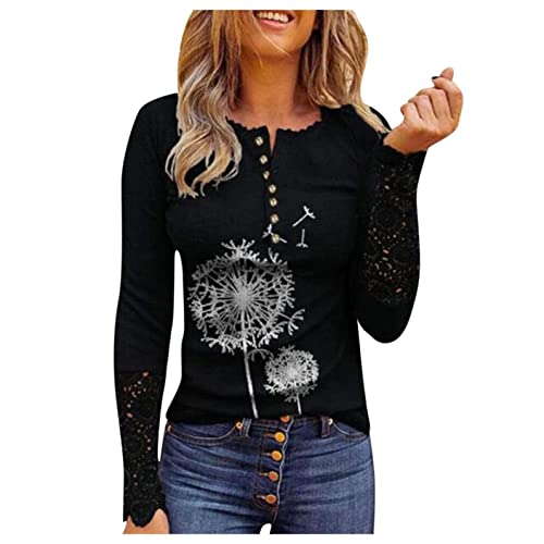 Long Sleeve Shirts for Women, Womens Long Sleeve Tops Stretch Henley Lace  Tunic Blouse Slim Fit Button Up Ribbed T-Shirts Top XX-Large Black