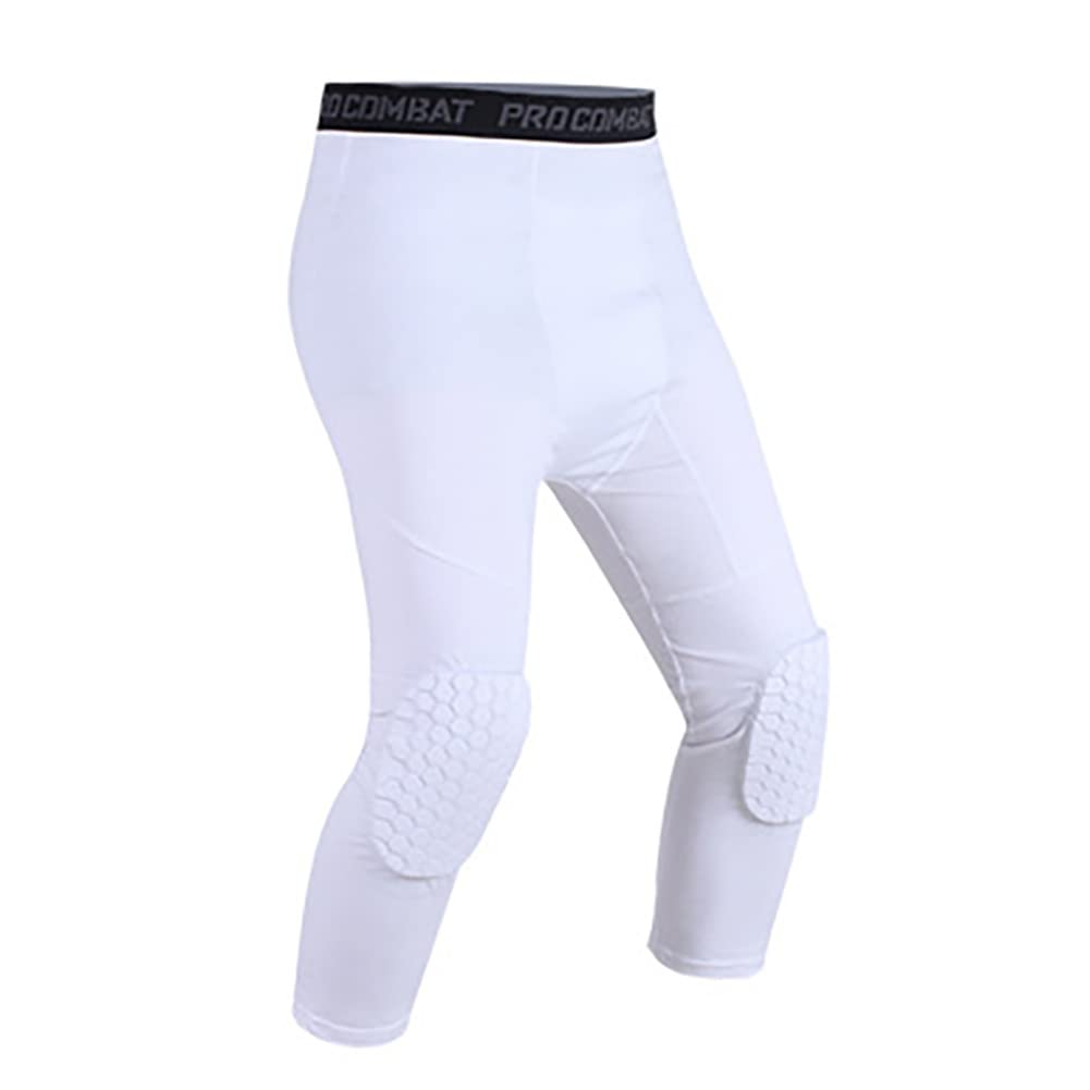 Basketball Pants with Knee Pads,Youth Crashproof Sports 3/4 Compression  Pants Leggings Men Volleyball Protector Gear White Medium