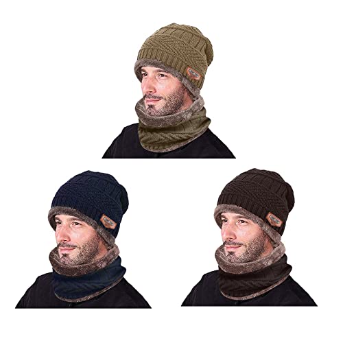Winter Beanie Hat Scarf Set Warm Knit Thick Fleece Lined Winter Cap Neck  Warmer