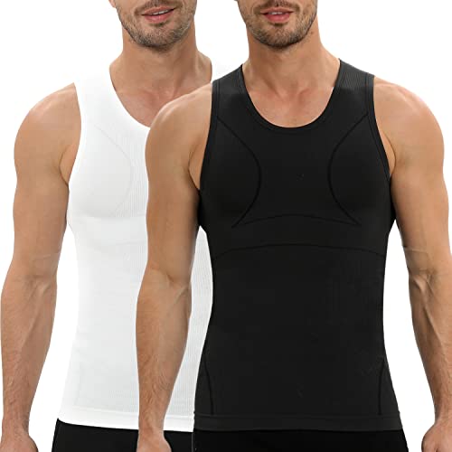 Aptoco 2 pcs Men Compression Shirt Slimming Body Shaper Vest Shirt Tummy  Control Shapewear Abdomen Slim Undershirt, Black+White, Christmas Gifts 