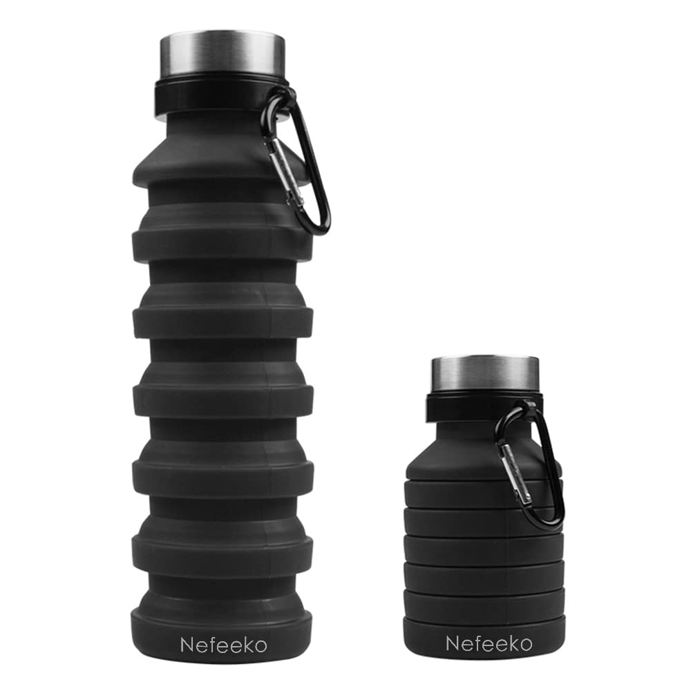 Nefeeko Collapsible Water Bottle, Reuseable BPA Free Silicone Foldable Water  Bottles for Travel Gym Camping Hiking, Portable Leak Proof Sports Water  Bottle with Carabiner Black-18oz