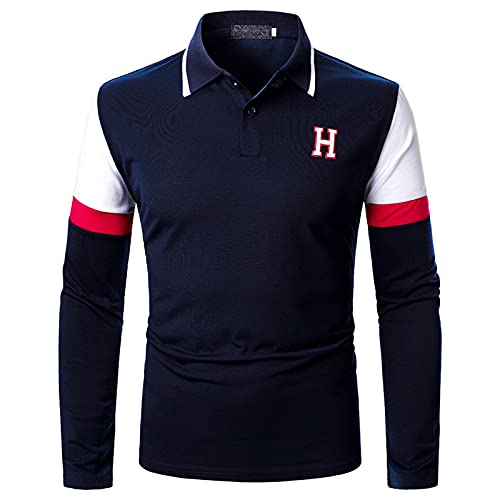MTENG Polo Shirts for Men Long Sleeve Striped Cotton Shirts Casual Slim Fit  Work Golf Hiking Fishing Tops 13-navy X-Large