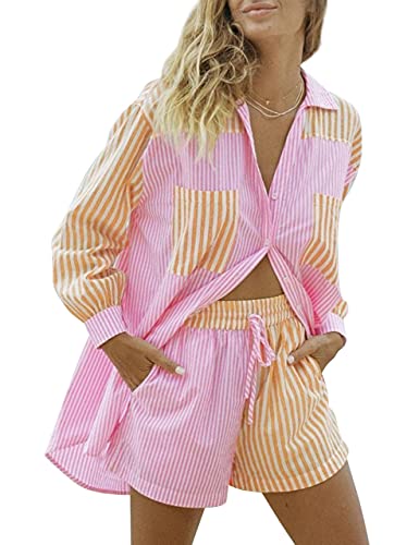 SAFRISIOR Womens 2 Piece Casual Tracksuit Outfit Sets Stripe Long Sleeve  Shirt And Loose High Waisted Mini Shorts Set Medium Pink&yellow