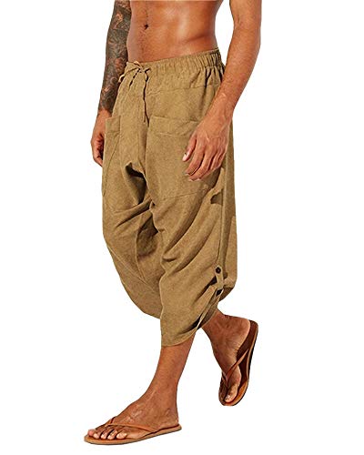 Gafeng Mens Yoga Capri Pants Casual Elastic Waist Drawstring Sports Cotton  Linen Boho Harem 3/4