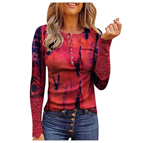 Long Sleeve Shirts for Women Fitted, Women's Long Sleeve Tops Lace V Neck  Button Down Henley Shirts Slim Fit Ribbed Shirts Small Red