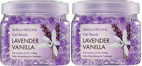 SMELLS BEGONE Odor Eliminator Gel Beads - Eliminates Odor in Bathrooms,  Cars, Boats, RVs and Pet Areas - Air Freshener - Made with Essential Oils -  Lavender Vanilla Scent - 12 Ounce - 2 Pack Lavender 12 Ounce (Pack of 2)