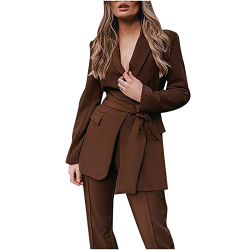 Women's Casual Solid Long Sleeve Suits Button Coat High Waist Long Pant Two  Piece Set Business Suit Girls