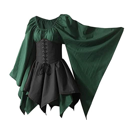 Women's Renaissance Medieval Costume Set - Flare Sleeve Corset Skirt ...