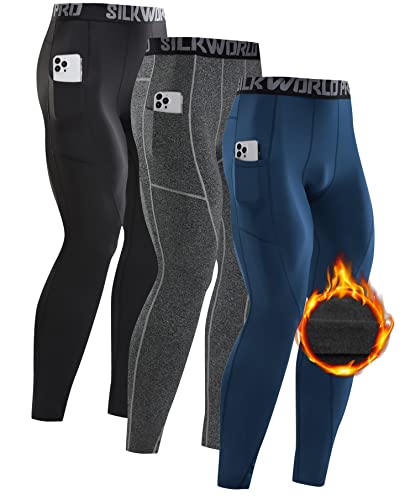 SILKWORLD Men's 1 3 Pack Compression Pants Pockets Cool Dry Gym Leggings  Baselayer Running Tights C2_fleece