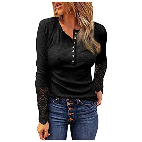 Long Sleeve Shirts for Women Trendy, Womens Ribbed Knit Henley Long Sleeves  Tunic Lace Tops V Neck Button Slim Fit Blouse Tee Medium Black
