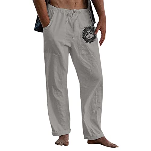 Mens Cargo Pants Mens Cotton Linen Pants Loose Elastic Drawstring Waist  Summer Beach Print Yoga Pants Grey XX-Large