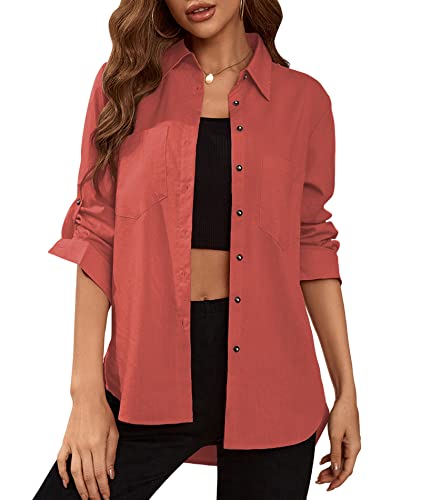 Womens V Neck Roll up Long Sleeve Shirts Button Down Blouses Tops Lapel  Collared Solid Lightweight Tunic with Pockets