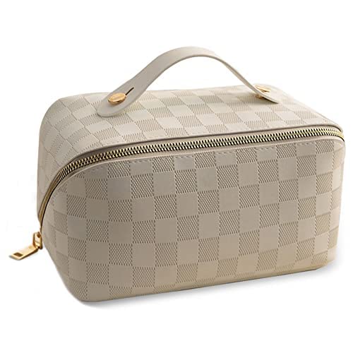 Large Capacity Travel Cosmetic Bag Plaid Checkered Makeup Bag