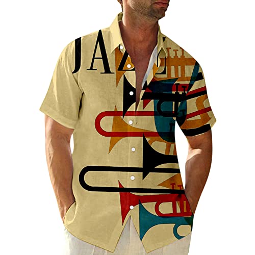 Biuu Men's Casual Button Down Short Sleeve Shirts Summer Beach Regular-Fit  Vintage Jazz Music Print Hawaiian Tops Shirt Half Sleeves Lapel Button-Down  Up V Neck O Round Crewneck, 169- Yellow