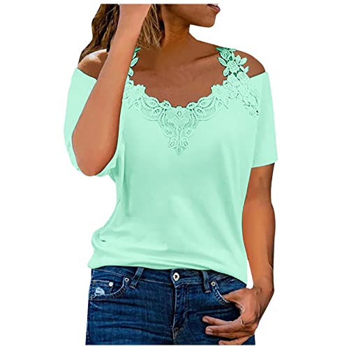 Lace Tops for Women Summer Casual Cold Shoulder V Neck T Shirts
