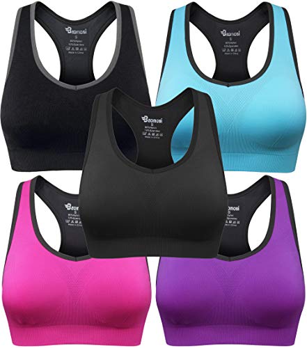 BAOMOSI Women's Seamless Racerback Sports Bra High Impact Support Yoga Gym  Workout Fitness 5 Pcs (Black,blue,grey,purple,rose Red) Large