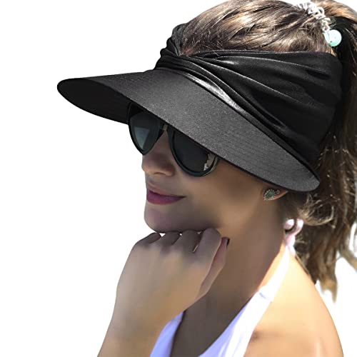 Sun Visor Hat for Women Summer Beach Hats Foldable Wide Brim Ponytail  Packable Vocation Sun Shade UV Protection Hat Black