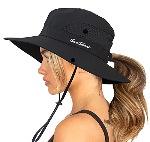 UV Protection Foldable Bucket Hats for Women Horsetail Hole