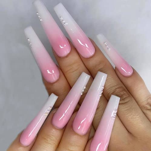 Aksod Ombre Pink Press on Nails Super Long Square Coffin Fake ...