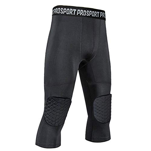 TUOY Men's Padded Pants with Knee Pad 3/4 Capri Compression Pants for  Basketball Football Baseball Adult Sizes Medium Black