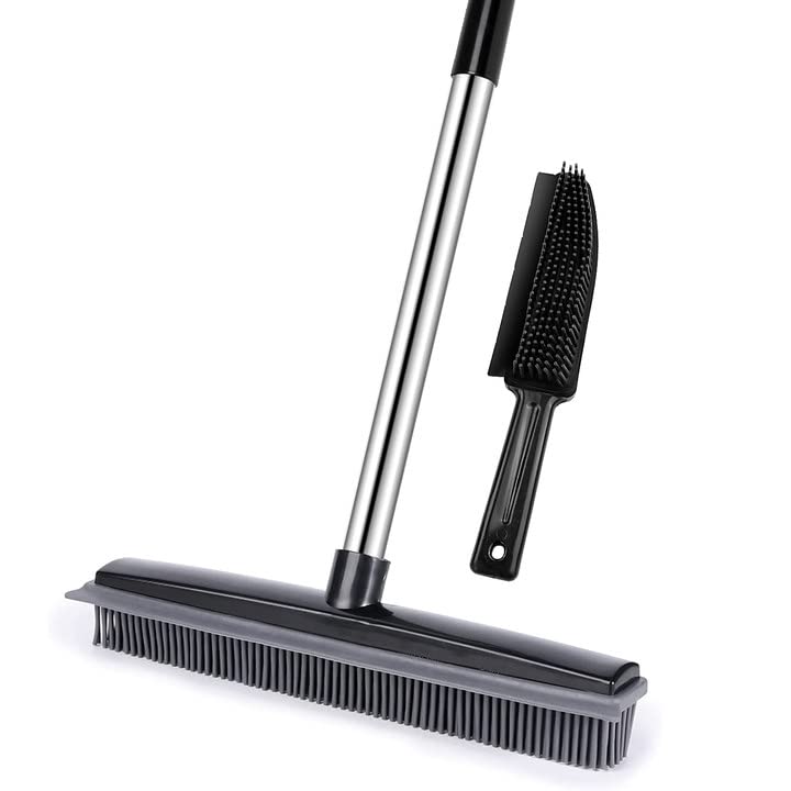 Rubber Broom Carpet Rake with Squeegee Long Handle for Pet