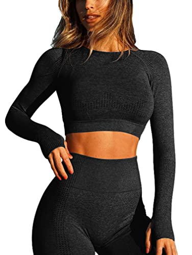 Micoson Women Workout Tops Long Sleeve Shirts Gym Crop Top Athletic Yoga  Compression Shirt with Thumbhole Black Small